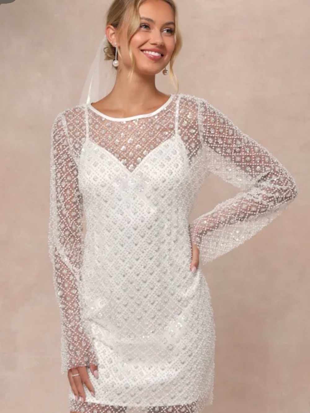 Lulu's White Sheer Beaded Long Sleeve Mini Dress - Picture 2 of 2